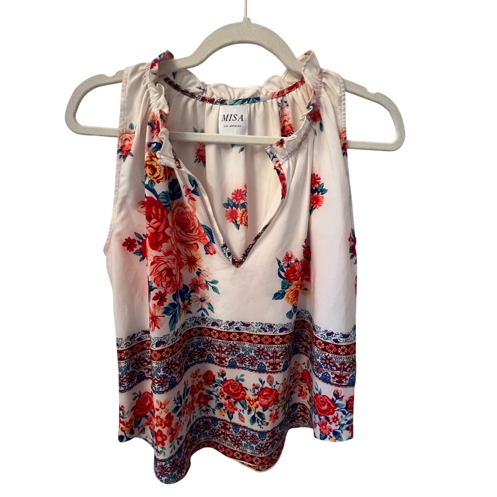 MISA Los Angeles Floral Paisley Border Print Ruffle Split Neck Blouse Small